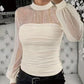 Faux Pearl Embellished Sheer Mesh Top with Lantern Sleeve