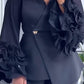 Women V-neck Ruffled Bubble Sleeve Jacket+ Pants Solid Color Temperament Commuting Set