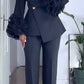 Women V-neck Ruffled Bubble Sleeve Jacket+ Pants Solid Color Temperament Commuting Set
