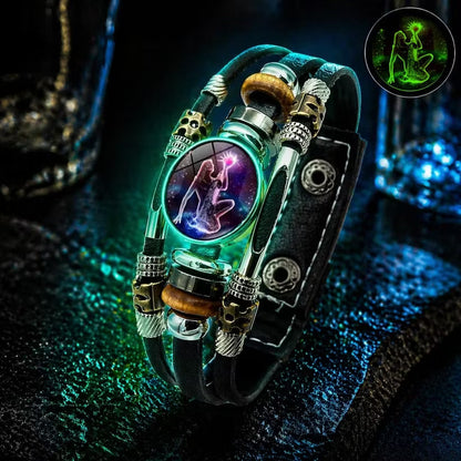 💥Last-day sale – 50% off ☪️Glow-in-the-dark leather zodiac sign bracelet for men and women (6.9/8.1 inches)♑️