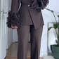 Women V-neck Ruffled Bubble Sleeve Jacket+ Pants Solid Color Temperament Commuting Set