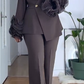 Women V-neck Ruffled Bubble Sleeve Jacket+ Pants Solid Color Temperament Commuting Set