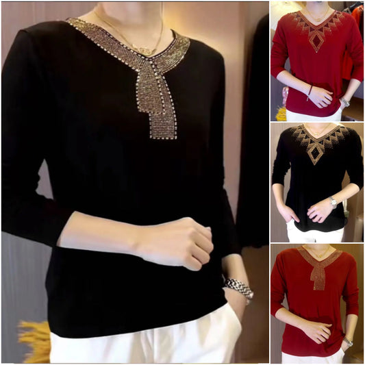 🔥2025 Quality Winter Rhinestone Velvet Long Sleeve T Shirt