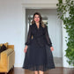 MESH SLEEVE BEADED PLEATED DRESS – BLACK