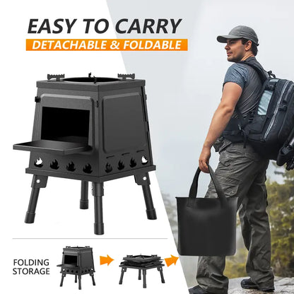 📢📢50% OFF !! ⏰Portable Wood Burning Rocket Stove – 16 Vent Holes Efficient Burn, Foldable Camping Cooker – Heavy-Duty Cast Iron ✨