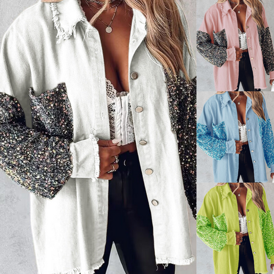 Women's Trendy Sequin Patchwork Coat with Raw Hem
