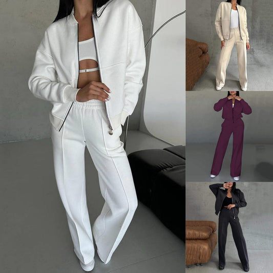 Women's Two-Piece Relaxed Fit Set - Zippered Jacket and Wide-Leg Pants
