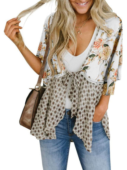 🌸Women's Floral Kimono Ruffle Sleeve Tie Cardigans Flowy Boho Loose Cover Ups