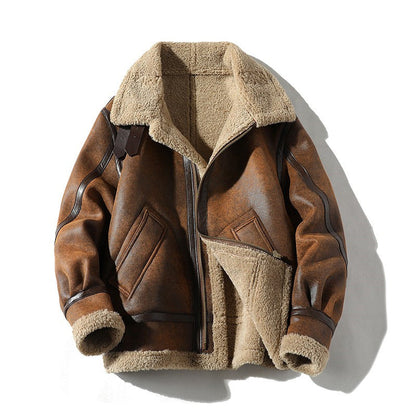 Men's Turn-Down Collar PU Leather Jacket with Plush Interior