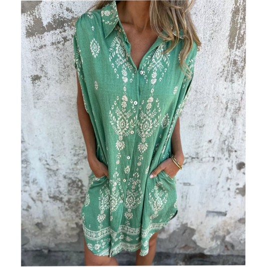 💕 50% OFF – New Arrival! 👗 Loose-Fit Printed Short Sleeve Dress with Pockets – V-Neck, Cotton-Linen Blend & Perfect for Summer Days 🌞