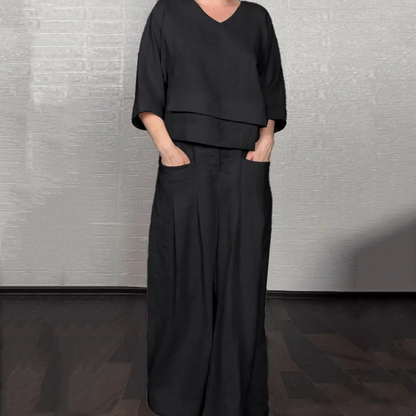 💎 Irregular Hem Cotton-Linen 2-Piece Set – V-Neck Top + Wide-Leg Pants, Breathable & Effortlessly Stylish 🍂👚