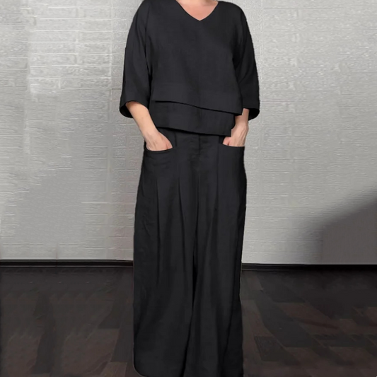 💎 Irregular Hem Cotton-Linen 2-Piece Set – V-Neck Top + Wide-Leg Pants, Breathable & Effortlessly Stylish 🍂👚