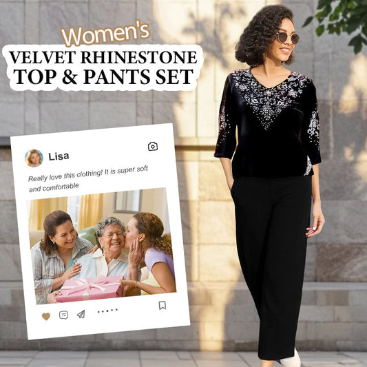 💎 50% OFF! 💎 Women's Velvet Rhinestone Top & Pants Set – Glossy Luxury Fabric, Sparkling Detailing & All-Day Comfort