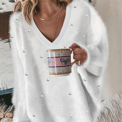 🔥Hot Sale Offers-V-Neck Long Sleeve Beaded Decor Oversized Sweater Fluffy Pullover Top