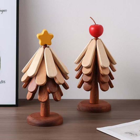 Wooden Tree-Shaped Trivet with Star or Apple