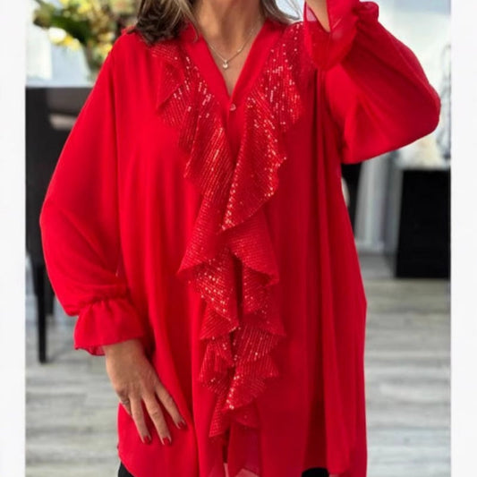 Women's V-Neck Chiffon Sequin Long Sleeve Shirt