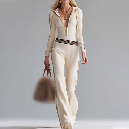 Women's Hooded V-Neck Zip-Up Knitted Jumpsuit
