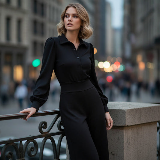 Women's Lapel Top and Wide-Leg Pants Set