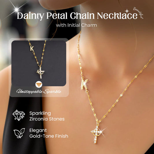💎 60% OFF! 💎 Dainty Petal Chain Necklace with Initial Charm – Adjustable, Sparkling & Faith-Inspired Design ✨📿