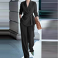 Women's Elegant Tie-Waist Blazer and Wide-Leg Pants Suit Set