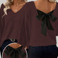 Women's V-Neck Sweater with Elegant Back Bow Tie