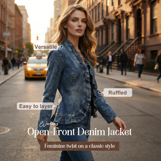 🧥 50% OFF NOW! 🌸 Women's Ruffle Trim Open-Front Denim Jacket – Lightweight & Feminine – Versatile & Chic 👗