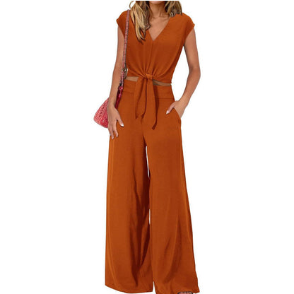 Women's V-Neck Tie-Front Top & Wide-Leg Pants Set