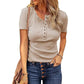 Women's Short Sleeve Henley Ribbed Knit Top