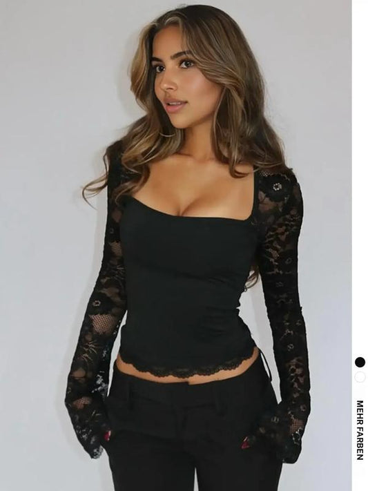 Women's Solid Color T-Shirt with Floral Lace, Split Ruffles and Sheer Sleeves