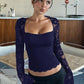 Women's Solid Color T-Shirt with Floral Lace, Split Ruffles and Sheer Sleeves