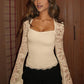 Women's Solid Color T-Shirt with Floral Lace, Split Ruffles and Sheer Sleeves