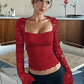 Women's Solid Color T-Shirt with Floral Lace, Split Ruffles and Sheer Sleeves