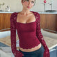 Women's Solid Color T-Shirt with Floral Lace, Split Ruffles and Sheer Sleeves