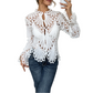 Elegant Hollow-Out Lace Blouse with Bell Sleeves
