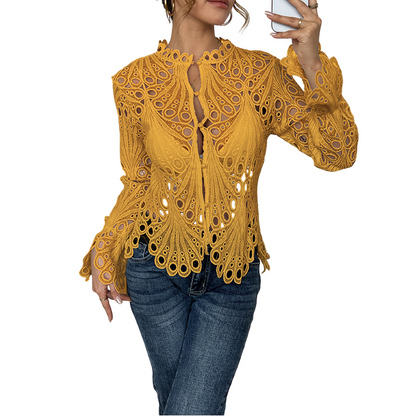 Elegant Hollow-Out Lace Blouse with Bell Sleeves