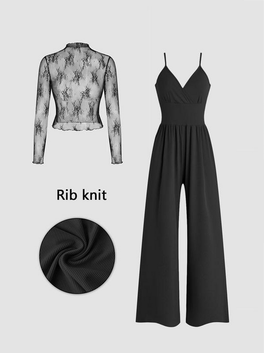 Two-piece set for women: lace top and jumpsuit with pockets