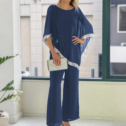 📢📢BIG SALE !!⏰Elegant Sequin Trim Poncho Top & Wide-Leg Pants Set