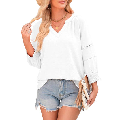 ✨ 50% OFF NOW! 🌸 Women's Casual V-Neck Lantern Sleeve Top – Hollow-Out Detail, Smocked Cuffs & Breathable Texture