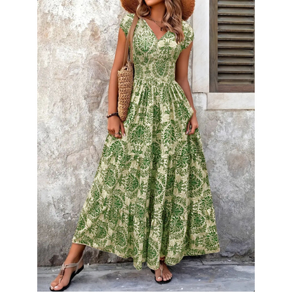 🎁New arrival 50% OFF💥Women's V-Neck Floral Print Smocked Maxi Dress