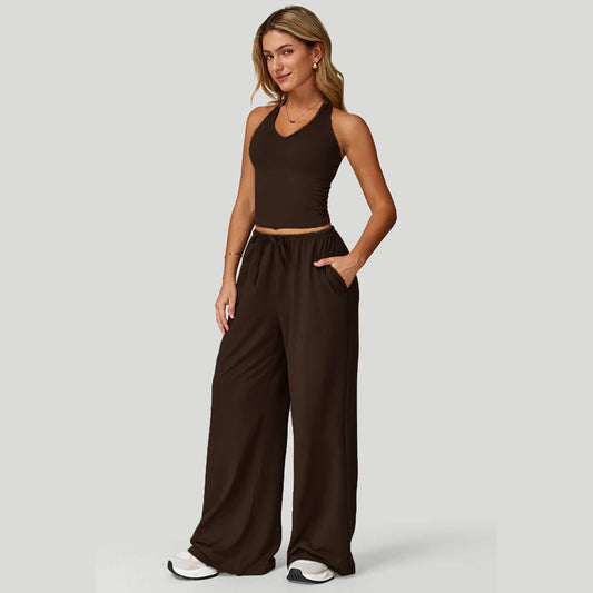 Women's Halter Neck Crop Top and Wide Leg Pants Set