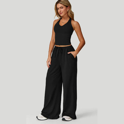 Women's Halter Neck Crop Top and Wide Leg Pants Set