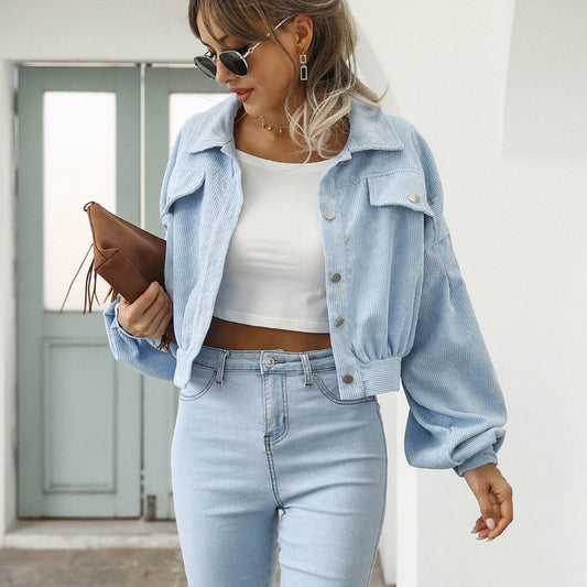 Women's Cropped Corduroy Jacket with Balloon Sleeves