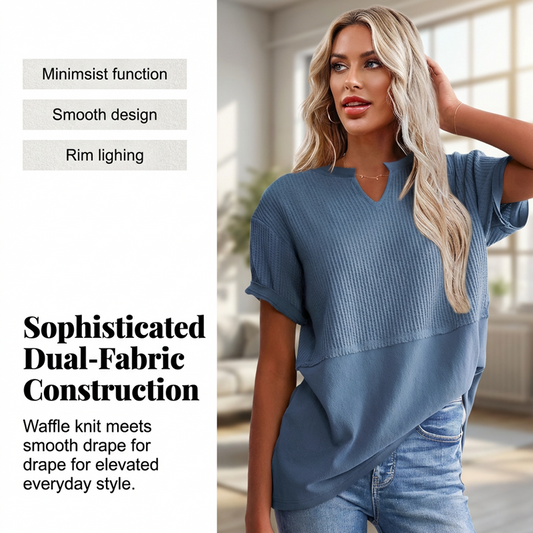 Women's Casual V-Neck Waffle Knit Patchwork T-Shirt