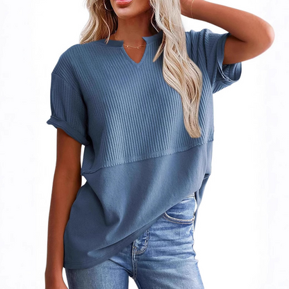 Women's Casual V-Neck Waffle Knit Patchwork T-Shirt