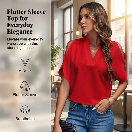 Women's V-Neck Cold Shoulder Flutter Sleeve Top
