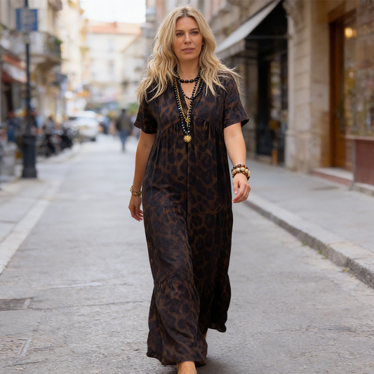 💎 -50% ON WOMEN'S V-NECK LEOPARD PRINT MAXI DRESS! 💎 Flowing Tiered Skirt, Flattering Waist & Short Sleeves ✨