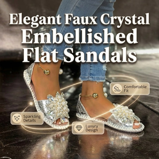 🎁New Arrival 30% OFF💥 Faux Pearl & Crystal Embellished Flat Sandals