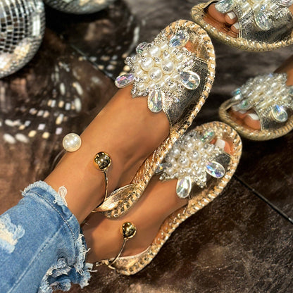 🎁New Arrival 30% OFF💥 Faux Pearl & Crystal Embellished Flat Sandals
