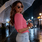 Women's V-Neck Cuffed Sleeve Ribbed T-Shirt
