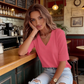 Women's V-Neck Cuffed Sleeve Ribbed T-Shirt